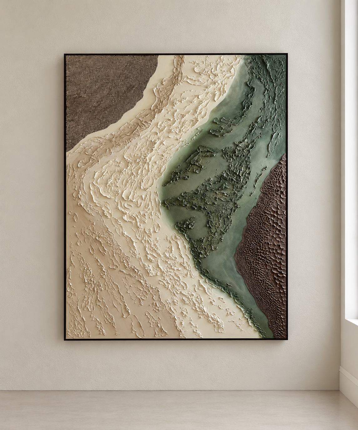 Between Erosion and Light, a large ivory, sage, sandstone and dark brown textured artwork hanging on a gallery wall
