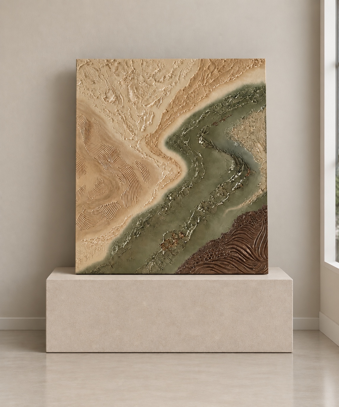 Unwritten Terrain, a sculptural sage, ivory, sandstone and copper toned artwork on a gallery plinth