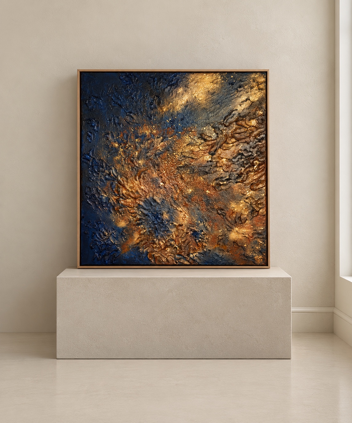 When the Night Lit Up, a blue and gold textured artwork in a wood frame