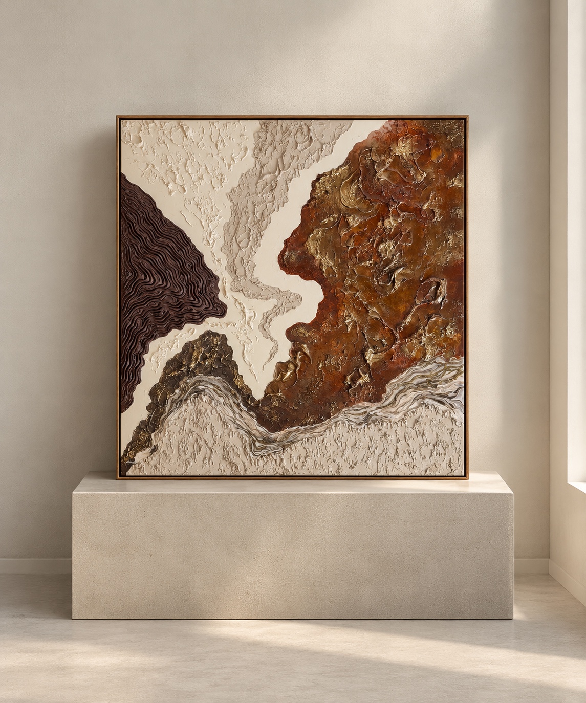 Where Autumn Lingers, an ivory, espresso, rust and gold textured artwork in a wood frame on a gallery plinth